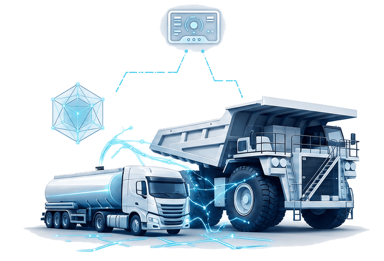 Equipamento de mineração sendo abastecido por comboio.